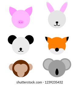 Templates of Animal Faces isolated on white background. Pig, Rabbit, Panda, Fox, Monkey, Koala. Vector Illustration for Your Design.