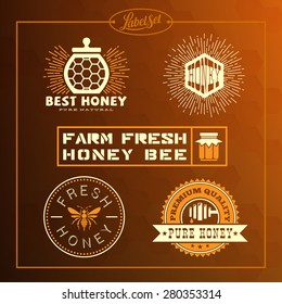 Templates for badges, labels, tags for honey bee product. Set 10. Vector illustration.