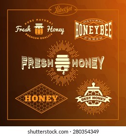 Templates for badges, labels, tags for honey bee product. Set 13. Vector illustration.