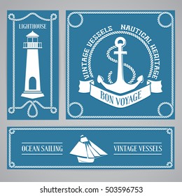 Templates for banners and flyers with nautical elements - rope, vessel, lighthouse and anchor emblems