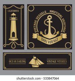 Templates for banners and flyers with nautical elements - rope, vessel, lighthouse and anchor emblems