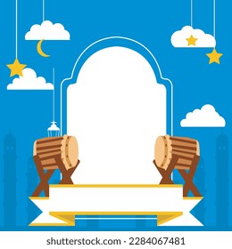 templates, banners. social media post Eid al Fitr, month of Ramadan. greeting card with husband and wife family character vector