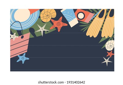 Plantillas accesorios de playa. Fondo oscuro con temática de vacaciones de verano en la playa. Estilo plano, vector.