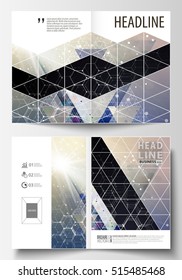 Templates for bi fold brochure, magazine, flyer or report. Cover design template, easy editable vector layout in A4 size. Chemistry pattern, hexagonal molecule structure. Medicine and science concept