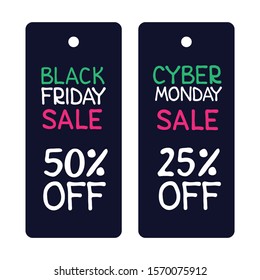 Templates for Black Friday and Cyber monday sale. Design element for poster, card, leaflet, price tag or banner. Vector illustration.
