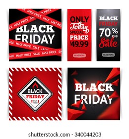 Templates for black Friday sale. Backgrounds with tapes,  danger sign and triangular shapes create three-dimensional image. Banners with typography