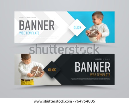 Templates of black and white vector horizontal web banners with arrows and a place for a photo. Minimalist design. Set. Blurred image for example