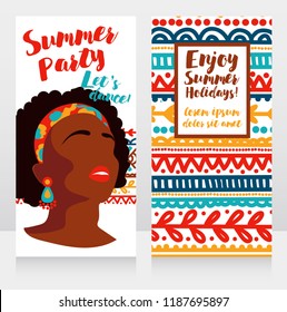 templates for boho style party with bright african american girl and ethinc style ornament, vector illustration