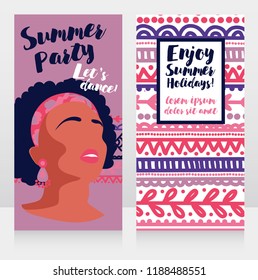 templates for boho style party with bright african american girl and ethinc style ornament, vector illustration