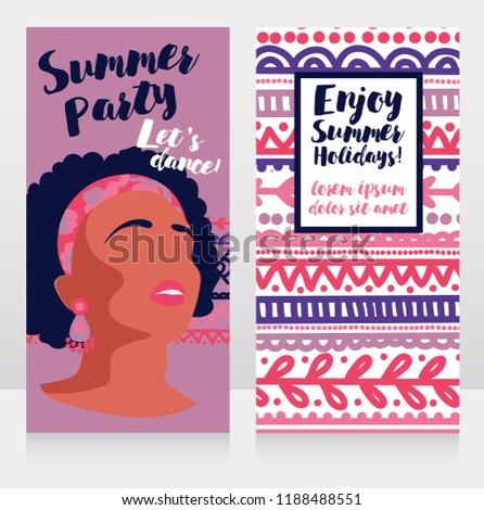 templates for boho style party with bright african american girl and ethinc style ornament, vector illustration