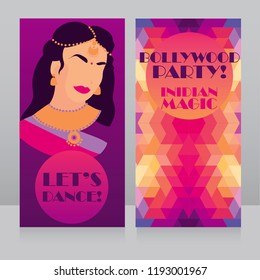 templates for bollywood party with indian lady and geometric ornament, can be used as indian welcome banner,  vector illustration