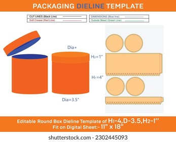 Templates of box for round hat, round lid box dielinewith the dimension H1 4, D3.5, H2 1 inch
