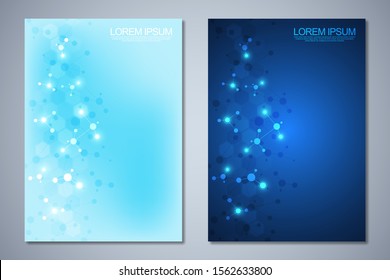 Templates brochure or cover book, page layout, flyer design with abstract background of molecular structures and DNA strand. Concept and idea for innovation technology, medical research, science.