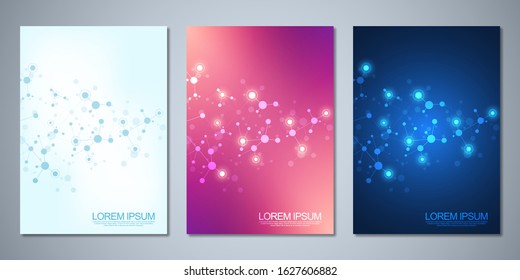 Templates brochure or cover book, page layout, flyer design with abstract background of molecular structures and DNA strand. Concept and idea for innovation technology, medical research, science.