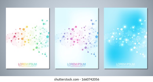 Templates brochure or cover book, page layout, flyer design with abstract background of molecular structures and DNA strand. Concept and idea for innovation technology, medical research, science.