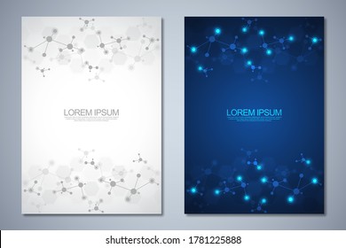 Templates brochure or cover book, page layout, flyer design with abstract background of molecular structures and DNA strand. Concept and idea for innovation technology, medical research, science.