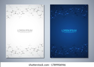 Templates brochure or cover book, page layout, flyer design with abstract background of molecular structures and DNA strand. Concept and idea for innovation technology, medical research, science.