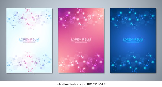 Templates brochure or cover book, page layout, flyer design with abstract background of molecular structures and DNA strand. Concept and idea for innovation technology, medical research, science.