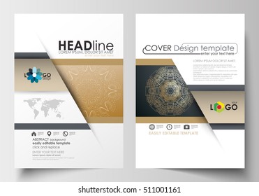 Templates for brochure, magazine, flyer, booklet. Cover design template, flat layout in A4 size. Golden technology background, connection structure with connecting dots and lines, science vector.