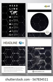 Templates for brochure, magazine, flyer. Cover template, easy editable vector, layout in A4 size. Chemistry 3D pattern, hexagonal molecule structure on black. Motion design. Geometric background