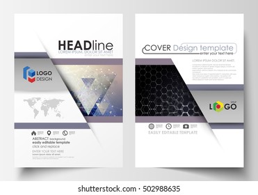 Templates for brochure, magazine, flyer or report. Cover design template, easy editable vector layout in A4 size. Chemistry pattern, hexagonal molecule structure. Medicine and science concept