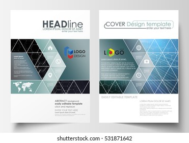 Templates for brochure, magazine, flyer or report. Cover design template, easy editable vector layout in A4 size. Chemistry pattern, hexagonal molecule structure. Medicine and science concept