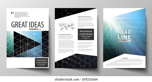 Templates for brochure, magazine, flyer or report. Cover design template, easy editable vector layout in A4 size. Chemistry pattern, hexagonal molecule structure. Medicine and science concept