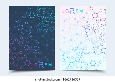 templates for brochure magazine leaflet flyer cover booklet annual report. Modern futuristic hexagonal pattern with particle, molecule structure for medical, technology, chemistry, science.