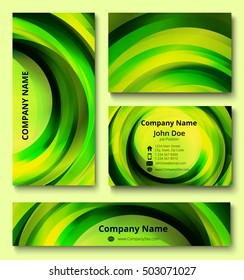 Templates of business card, banner and invitation card with twist decorative elements of green and yellow shades. Business stationery set