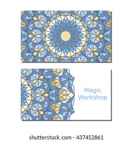 Templates of business card with blue color ornament mandala for print or website. Vector illustration. Card template for print.