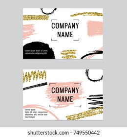 Templates of business cards with gold glitter and abstract strokes