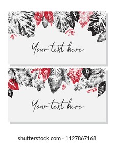 Templates for business cards, greeting cards, name cards and invitations, with red and black silhouettes of leaves located at the top edge.