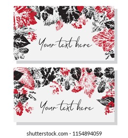 Templates for business cards, greeting cards, name cards and invitations, with red and black silhouettes of leaves located at the top edge.