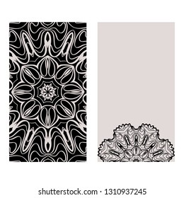 Templates Card With Mandala Design. Heathcare, Lifestyle Flyer. Vector Illustration. Black brown color.