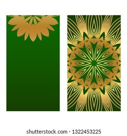 Templates Card With Mandala Design. Heathcare, Lifestyle Flyer. Vector Illustration. Romantic green gold color.
