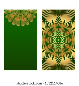 Templates Card With Mandala Design. Heathcare, Lifestyle Flyer. Vector Illustration. Romantic green gold color.