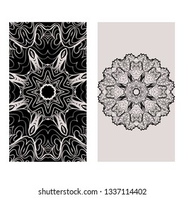 Templates Card With Mandala Design. Heathcare, Lifestyle Flyer. Vector Illustration. Black brown color.