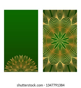 Templates Card With Mandala Design. Heathcare, Lifestyle Flyer. Vector Illustration. Romantic green gold color.