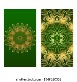 Templates Card With Mandala Design. Heathcare, Lifestyle Flyer. Vector Illustration. Romantic green gold color.