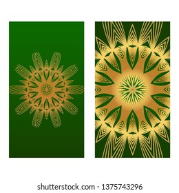Templates Card With Mandala Design. Heathcare, Lifestyle Flyer. Vector Illustration. Romantic green gold color.