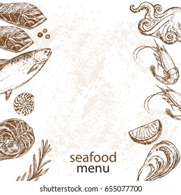Templates card seafood menu hand drawn sketch illustration