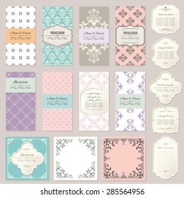 Templates, cards, frames in vintage style. Pastel calm colors. Can be used in different variations.