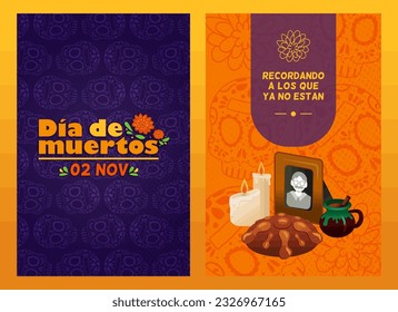 Plantillas de tarjetas o invitaciones para el Día de los Muertos. Tradición cultural de México. En texto: Día de los muertos y recordando a los que ya no están aquí