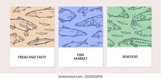 Modelos para cartões para conjunto de mercado de frutos do mar. Desenhos de cartazes com esboços desenhados à mão de diferentes espécies de peixes do mar. Impressão retrô de salmão, esturjão, lúcio. Ilustrações de vetor planas