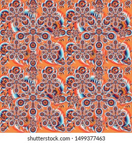 Templates for carpets, textiles, wallpaper and any surface. Oriental, floral ornament. Vector seamless pattern of orange, red and blue ornament.