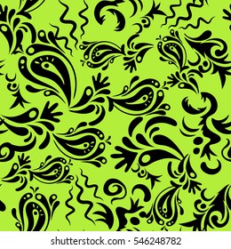Templates for carpets, textiles, wallpaper and any surface. Vector seamless pattern of green and black ornament. Oriental, floral ornament.