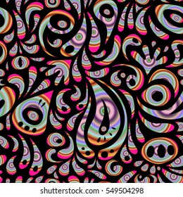 Templates for carpets, textiles, wallpaper and any surface. Vector seamless pattern of multicolored ornament on a black background. Oriental, doodle ornament.