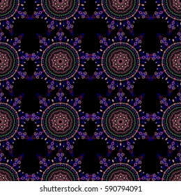 Templates for carpets, textiles, wallpaper and any surface. Vector seamless pattern of red, pink and blue ornament on a black background. Oriental, floral ornament.