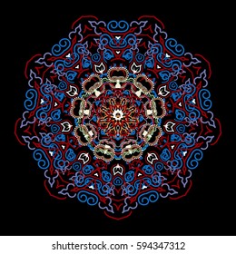 Templates for carpets, textiles, wallpaper and any surface. Vector seamless pattern of multicolored ornament on a black background. Oriental, doodle ornament.