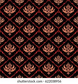 Templates for carpets, textiles, wallpaper and any surface. Vector seamless pattern of red and orange ornament on a black background. Oriental, ornament.